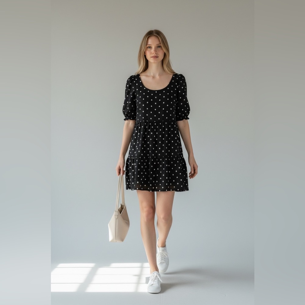 LOFT Black Polka Dot Tiered Puff Sleeve Square Neck Mini Dress Womens Medium - Picture 12 of 12